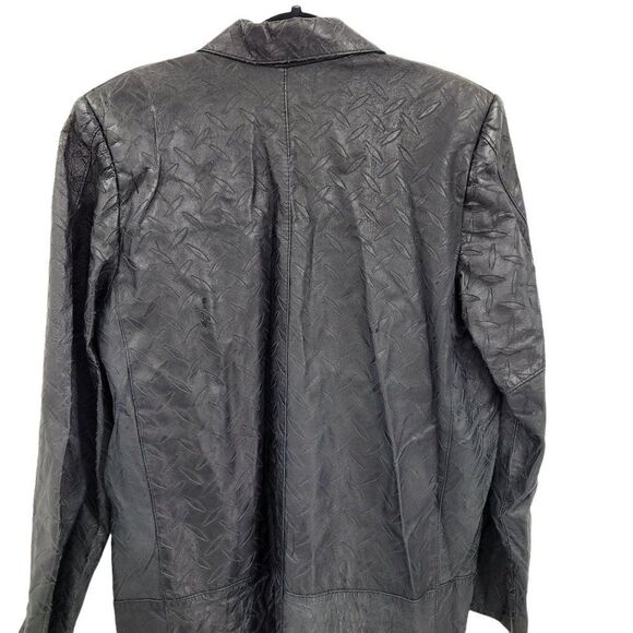 Vtg 80's Leather Trench Coat Rare Rocker Punk Tire Track Embossed Black Sz S - Picture 11 of 16